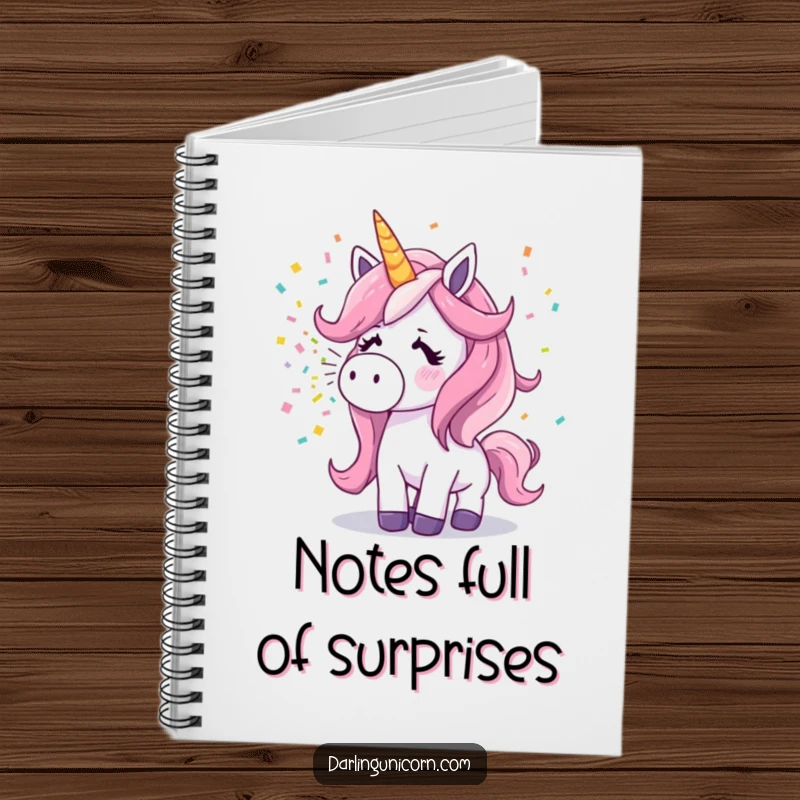 Funny surprised unicorn sneezing a vibrant confetti explosion on the cover of a fun and creative notebook.