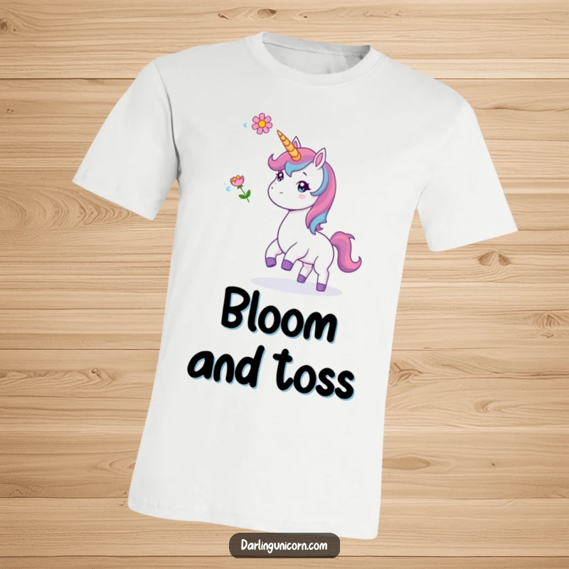 Funny t-shirt showing a unicorn gleefully tossing a flower upwards, embodying playful spirit and floral delight.