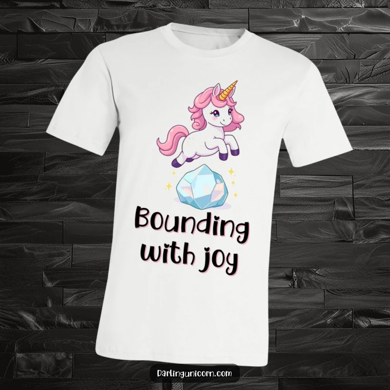 Funny unicorn t-shirt depicting a playful unicorn energetically leaping over a dazzling, sparkling crystal, embodying fun.