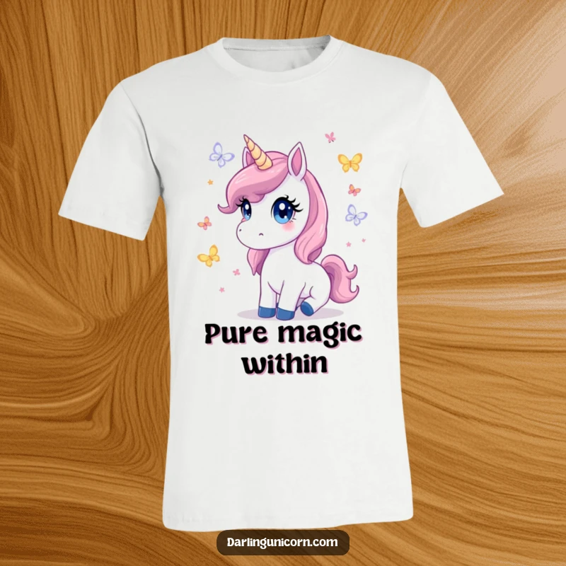 Cute t-shirt showcasing a unicorn with innocent eyes gazing at fluttering butterflies, capturing a moment of pure enchantment.