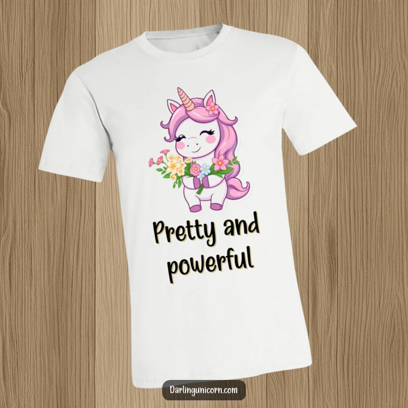 Funny T-Shirt of a happy unicorn holding a colorful bouquet of flowers, beaming with a bright, infectious smile.