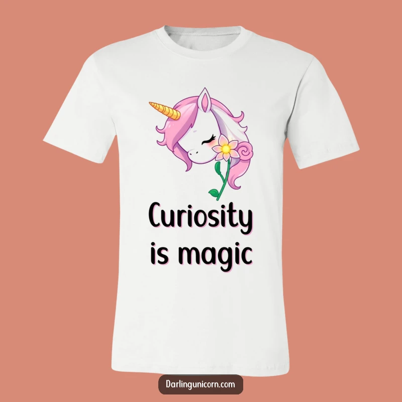 Funny Curious Unicorn Flower Nuzzle T-Shirt: Whimsical Wear for Dreamers