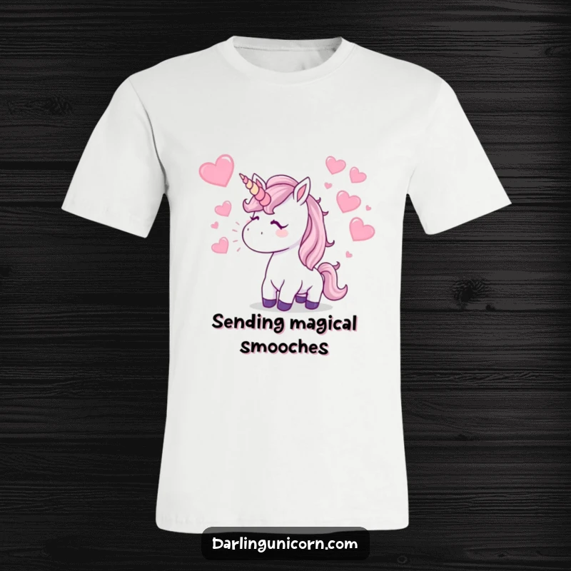 Funny T-Shirt: A unicorn blows a kiss, with sparkling hearts flying, conveying a cute and humorous message of affection.