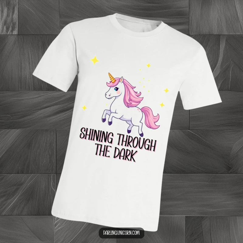 Funny T-Shirt of a majestic unicorn galloping across a starry sky with its horn aglow, representing power and ethereal beauty.