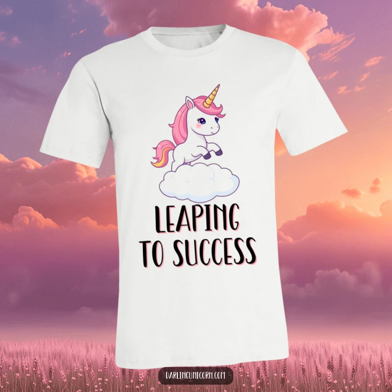 Funny t-shirt illustrating a unicorn with a prominent shimmering horn mid-leap over a soft cloud, conveying freedom and magic.