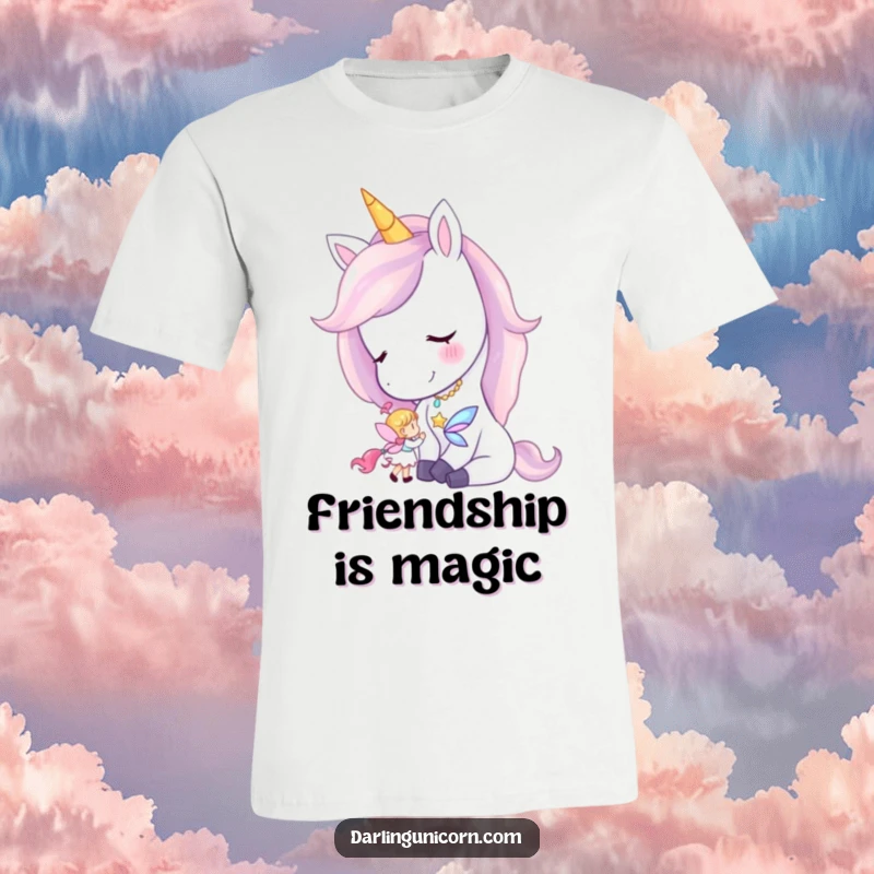 Funny t-shirt showing a unicorn softly nuzzling a minuscule fairy, conveying tenderness and enchantment.