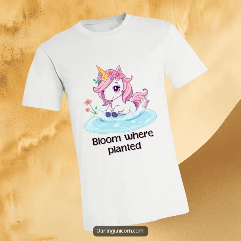 Funny t-shirt depicting a floral-adorned unicorn playfully splashing in a pristine crystal pond, capturing serene beauty.