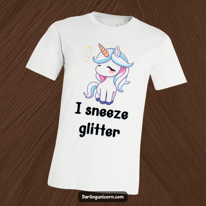 Funny unicorn t-shirt featuring a unicorn spraying a cascade of shimmering glitter from its horn.
