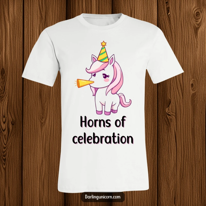 Funny t-shirt of a unicorn in a festive party hat, blowing a party horn with joyous energy and scattered confetti.