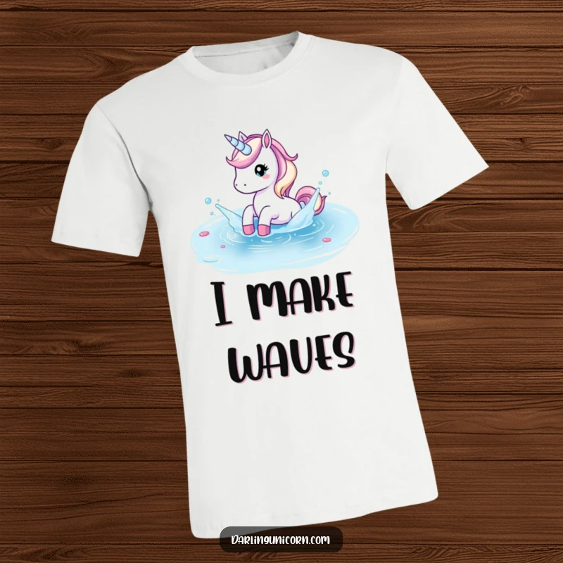 Funny t-shirt with a unicorn playfully splashing in a crystal clear pond, celebrating refreshing and joyful moments.