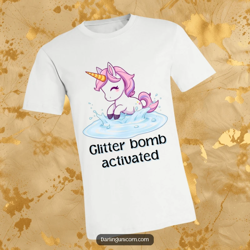 Funny Unicorn Splash T-Shirt: A unicorn joyfully splashes in shimmering liquid, radiating playful energy.