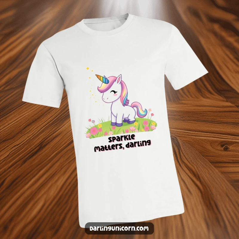 Funny t-shirt showcasing a joyful unicorn with a rainbow horn scattering magical stardust over a peaceful meadow, ideal for fantasy lovers.