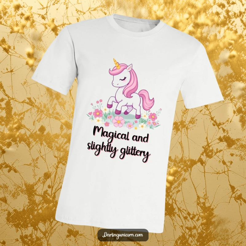 Funny unicorn joyfully prancing amidst a vibrant field of glittery flowers, its glowing horn a beacon of magic.