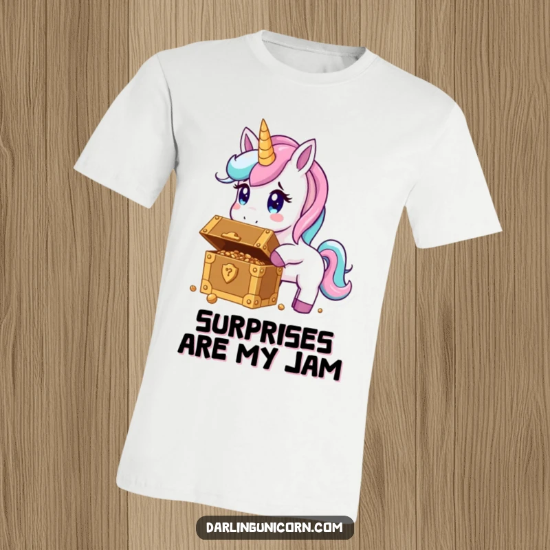 Funny t-shirt with a unicorn looking astonished at a newly found, glittering treasure chest.