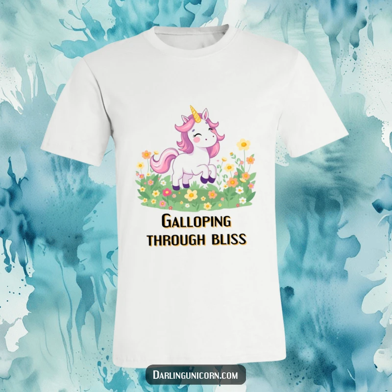 Funny t-shirt showing a joyful unicorn with a beaming smile galloping through a meadow filled with luminous, vibrant flowers.