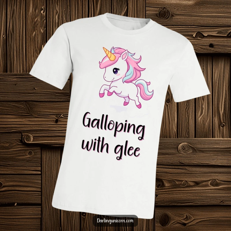 Funny unicorn t-shirt showing a joyful unicorn galloping through clouds with a sparkling mane, embodying freedom and fantasy.
