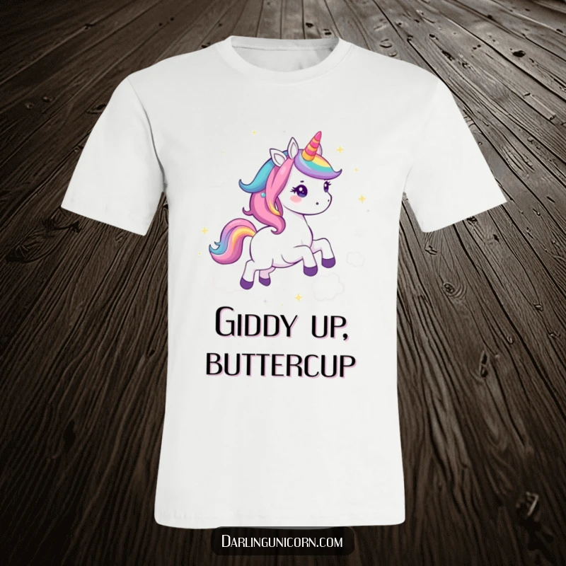 Funny Kawaii Unicorn T-Shirt: A vibrant unicorn with a rainbow mane gallops through sparkling clouds, embodying a spirit of fun and fantasy.