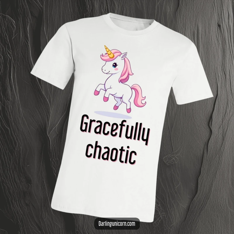 Elegant t-shirt showcasing a unicorn performing a graceful twirl, its horn leaving a luminous trail, embodying pure magic.