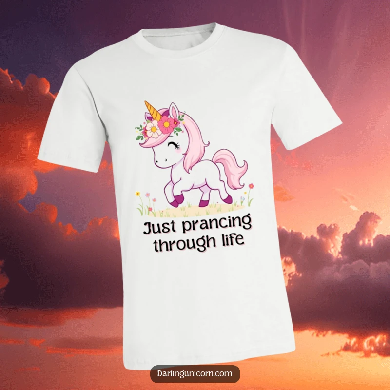 Funny t-shirt with a unicorn sporting a flower crown, happily prancing in a beautiful meadow, celebrating cheerful vibes.
