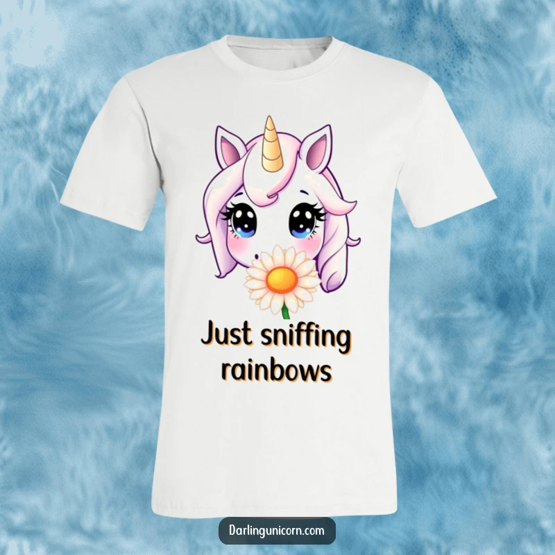 Funny T-Shirt: A wide-eyed unicorn gently sniffs a giant daisy, conveying innocence and pure delight in a humorous way.