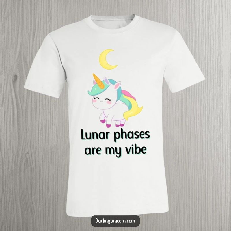 Funny Unicorn T-Shirt: A unicorn with a serene smile looks up at a glowing crescent moon.