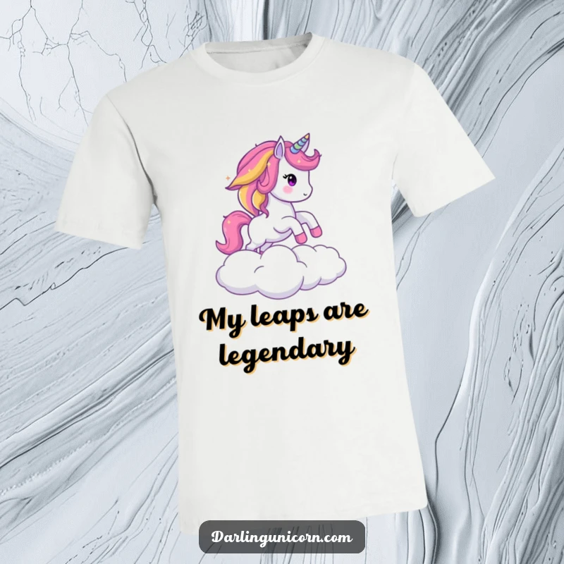 Funny t-shirt featuring a sparkling unicorn with a rainbow mane mid-leap over a fluffy cloud, embodying pure joy and fantasy.