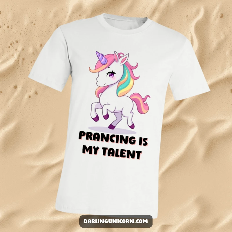 Funny t-shirt with a graceful unicorn prancing happily, its rainbow mane flowing dynamically, capturing pure joy and magic.