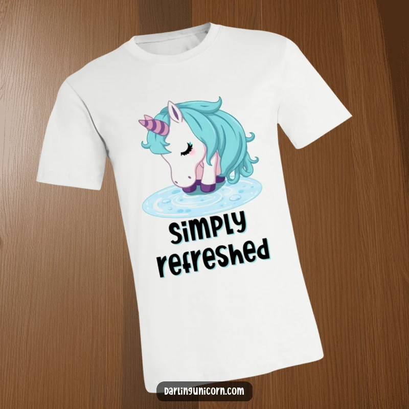 Funny unicorn t-shirt featuring a unicorn looking refreshed and peaceful while drinking from a clear, flowing stream, symbolizing inner calm.