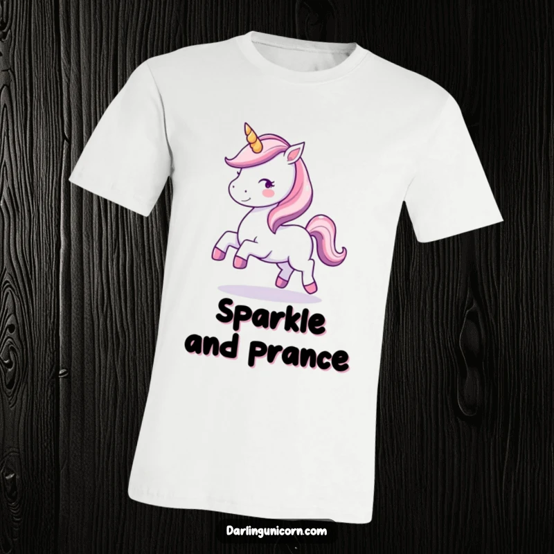 Funny t-shirt design of a cute, kawaii unicorn with a sparkling horn, joyfully prancing with magical flair.