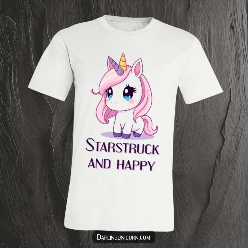 Funny unicorn t-shirt depicting a unicorn with enchanting, dreamy eyes looking up at a sky full of stars.