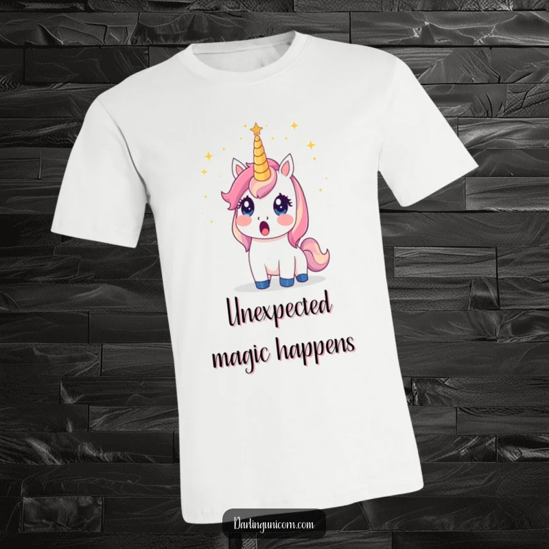 Funny unicorn t-shirt depicting a surprised unicorn whose horn is emitting a dazzling shower of cosmic stardust, pure magic.