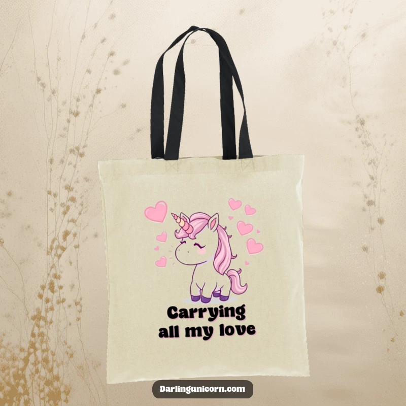 Funny Tote Bag: A unicorn blows a kiss, with sparkling hearts flying around, making it a charming and humorous accessory.
