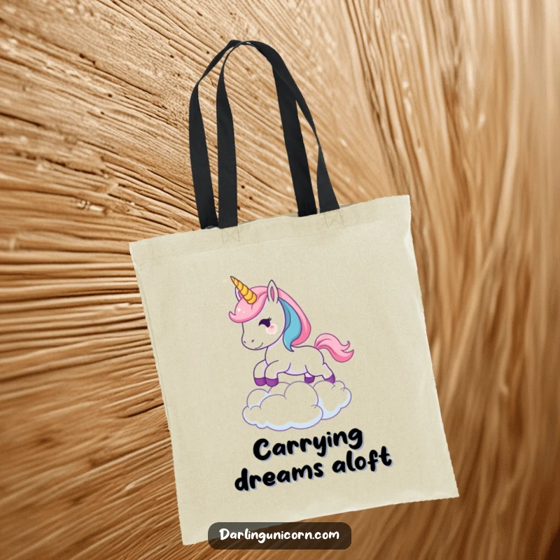 Funny Leaping Unicorn Tote Bag: A charming tote bag showcasing a unicorn with a sparkling horn leaping over a cloud, perfect for carrying essentials with magical flair.