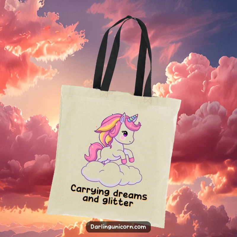 Funny tote bag showcasing a sparkling unicorn with a rainbow mane in a dynamic leap over a fluffy cloud, perfect for magic lovers.