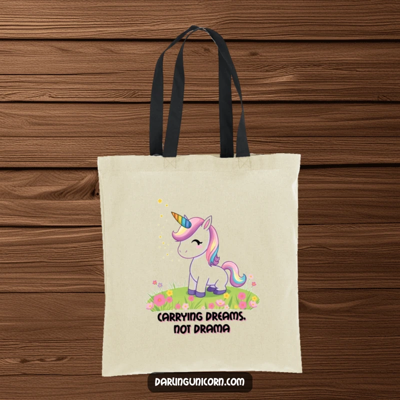 Funny tote bag featuring a charming unicorn with a rainbow horn, sprinkling magical stardust over a peaceful meadow, perfect for everyday use.