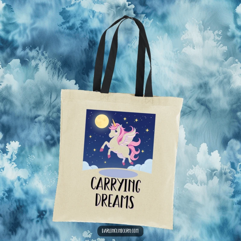 Funny unicorn tote bag depicting a unicorn doing a graceful, wobbly pirouette on a starlit night, perfect for carrying essentials with magical flair.