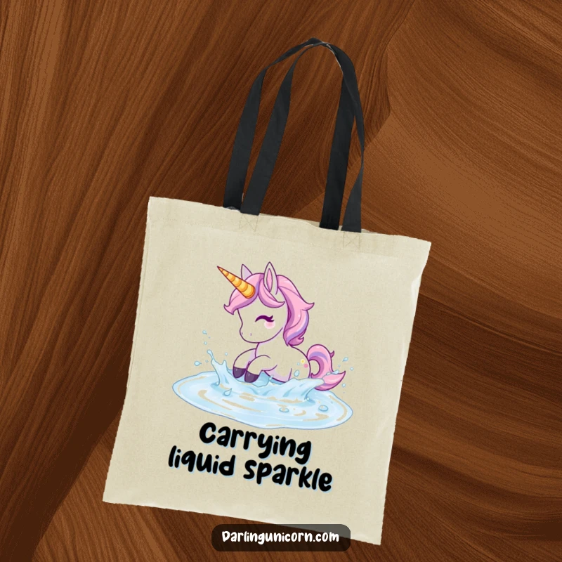 Funny Unicorn Tote Bag: A unicorn joyfully splashes in shimmering liquid, perfect for magical everyday carry.