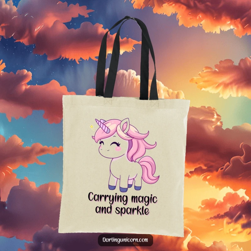 Funny unicorn tote bag showcasing a joyful unicorn tossing its mane, exuding pure happiness and magical, shimmering delight.