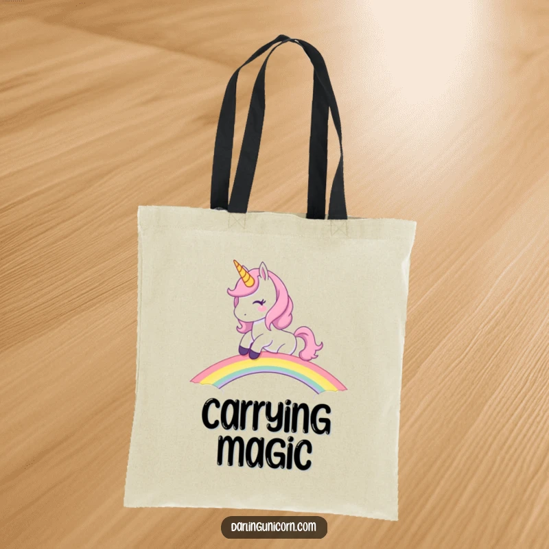 Funny Unicorn Tote Bag: Mischievous unicorn riding a rainbow bridge with a wink, a humorous and practical tote.