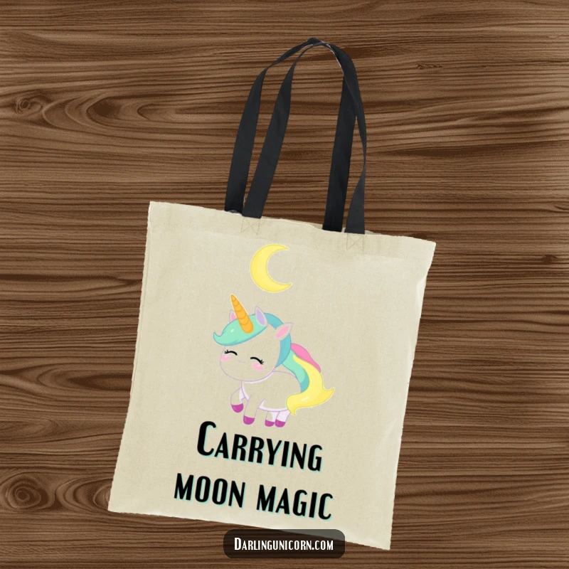 Funny Unicorn Tote Bag: A peaceful unicorn smiles softly at a crescent moon, ideal for magical carryalls.