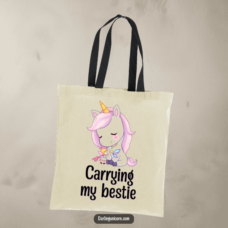 Funny tote bag with a unicorn gently nuzzling a small fairy, perfect for carrying magical items.
