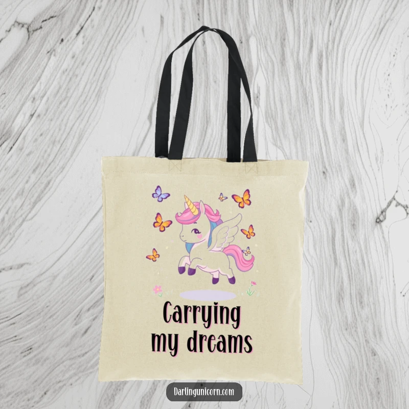 Funny tote bag with a winged unicorn playfully chasing vibrant butterflies, perfect for carrying magical treasures.