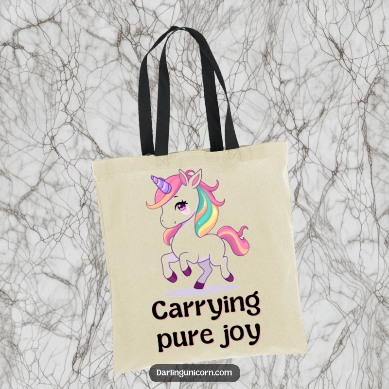 Funny tote bag showcasing a graceful unicorn with a flowing rainbow mane, joyfully prancing, perfect for carrying magical treasures.