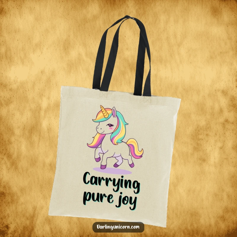 Funny Unicorn Joy Tote Bag: A charming tote bag showcasing a unicorn with a rainbow mane prancing with joy, perfect for carrying essentials with magical flair.