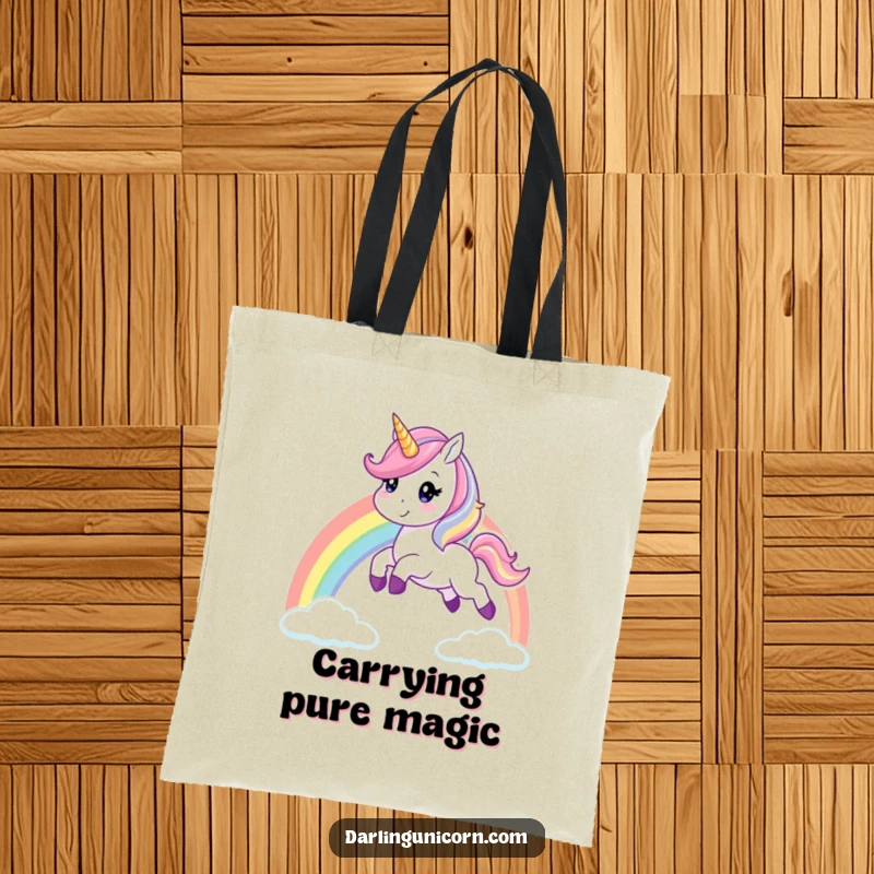 Funny unicorn tote bag illustrating a cheerful expression unicorn leaping dynamically over a brilliant rainbow, perfect for daily magical errands.