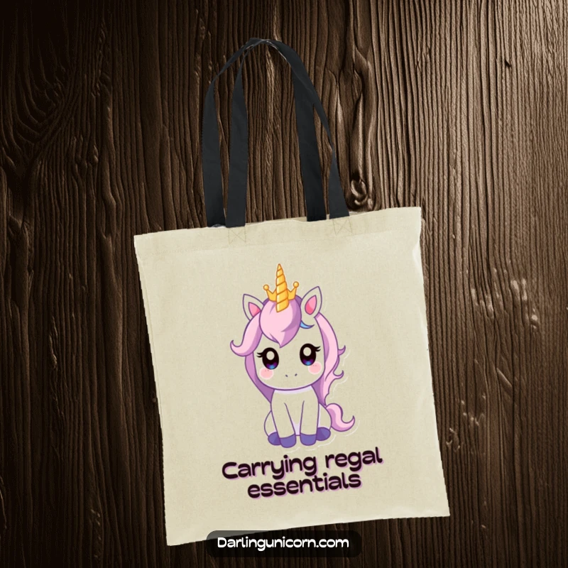 Funny tote bag with a gentle unicorn balancing a tiny crown on its horn, perfect for carrying magical essentials with regal flair.