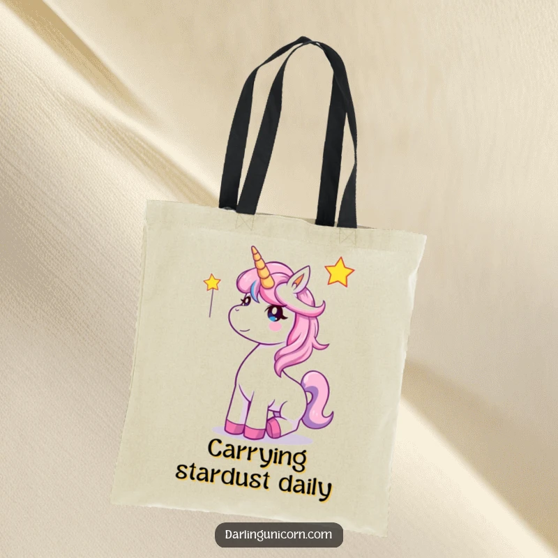Funny Unicorn Tote Bag: A joyful unicorn happily snatches a shooting star, perfect for magical everyday carry.