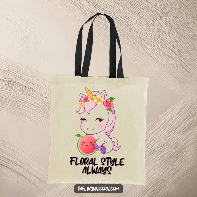 Funny tote bag with a cute unicorn wearing a flower crown, delicately nibbling a glowing magical fruit, perfect for stylish shopping.