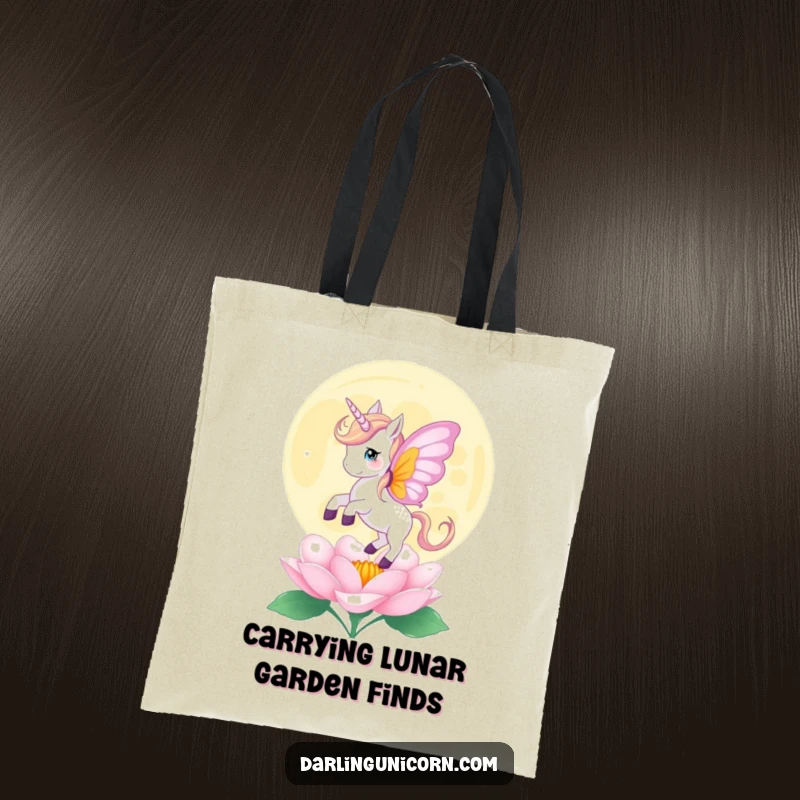 Funny tote bag with a unicorn with butterfly wings gently landing on a blooming moonflower, a perfect blend of nature and magic.