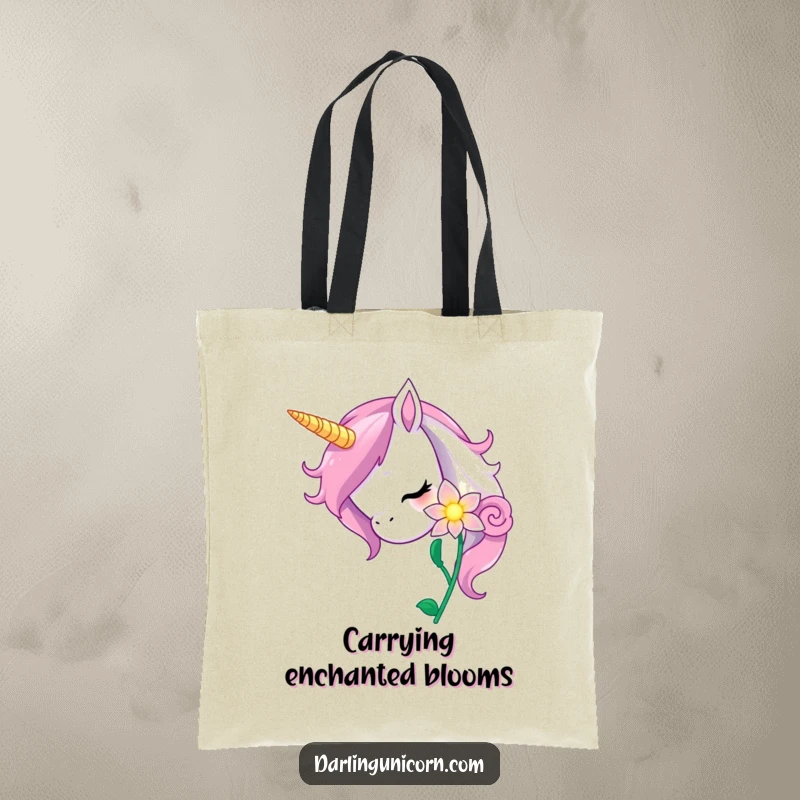 Funny unicorn tote bag with a curious unicorn nuzzling a luminous magic flower, a symbol of wonder and discovery.
